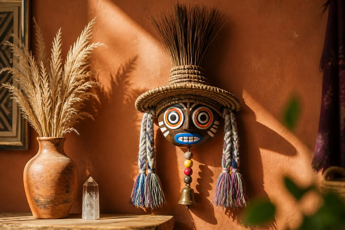 Yunnan Dongba Tunku totem mask wall hanging in a boho healing space with pampas grass and crystal