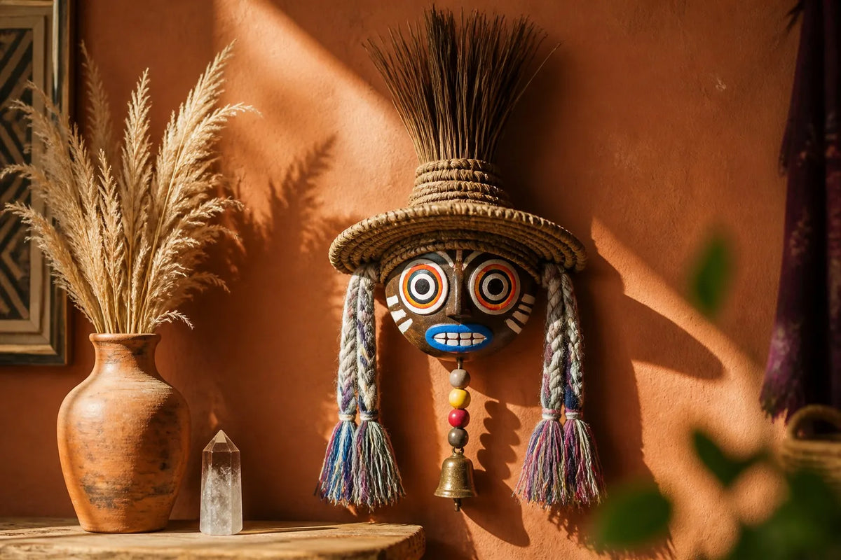 Yunnan Dongba Tunku totem mask wall hanging in a boho healing space with pampas grass and crystal