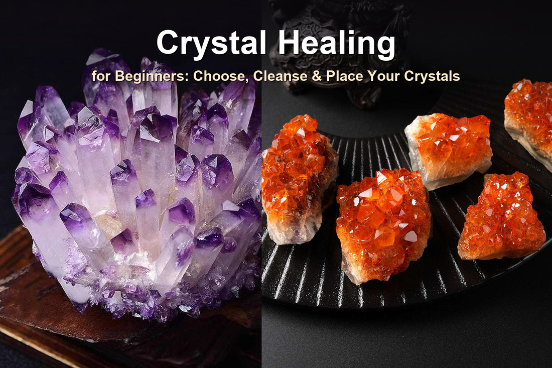 Crystal Healing for Beginners cover - amethyst and citrine clusters