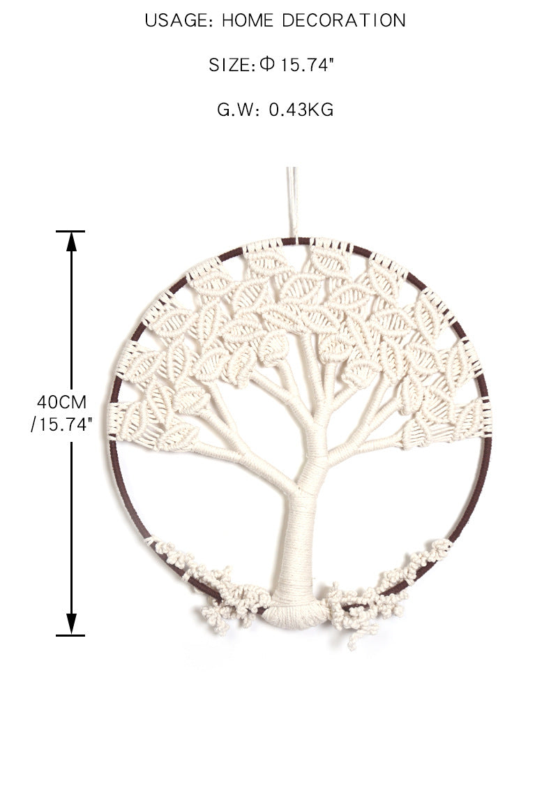 Cream Tree of Life wall tapestry with knotted tree trunk, fringe bottom, and hanging cord