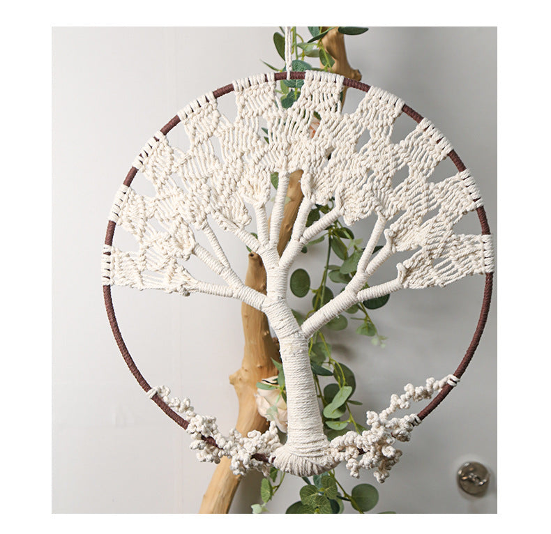 Tree of Life macramé wall hanging with circular frame and fringe
