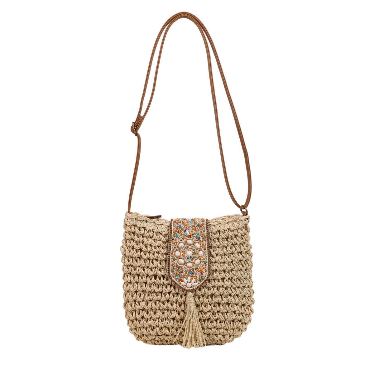 Beige straw crochet crossbody bag with decorative beaded flap and tassel detail