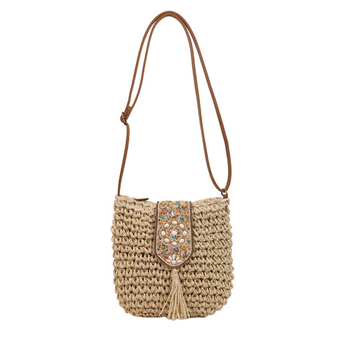 Beige straw crochet crossbody bag with decorative beaded flap and tassel detail