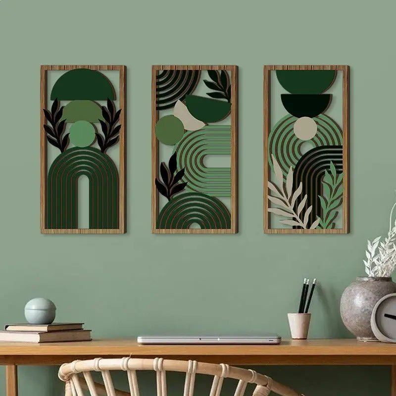 Green - Wooden openwork Wall Decor Art Trio