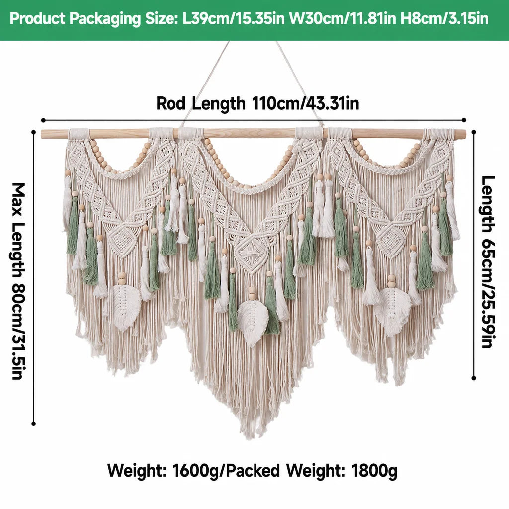 Cream macrame wall hanging with wooden rod, scalloped motifs, long tassels and fringes