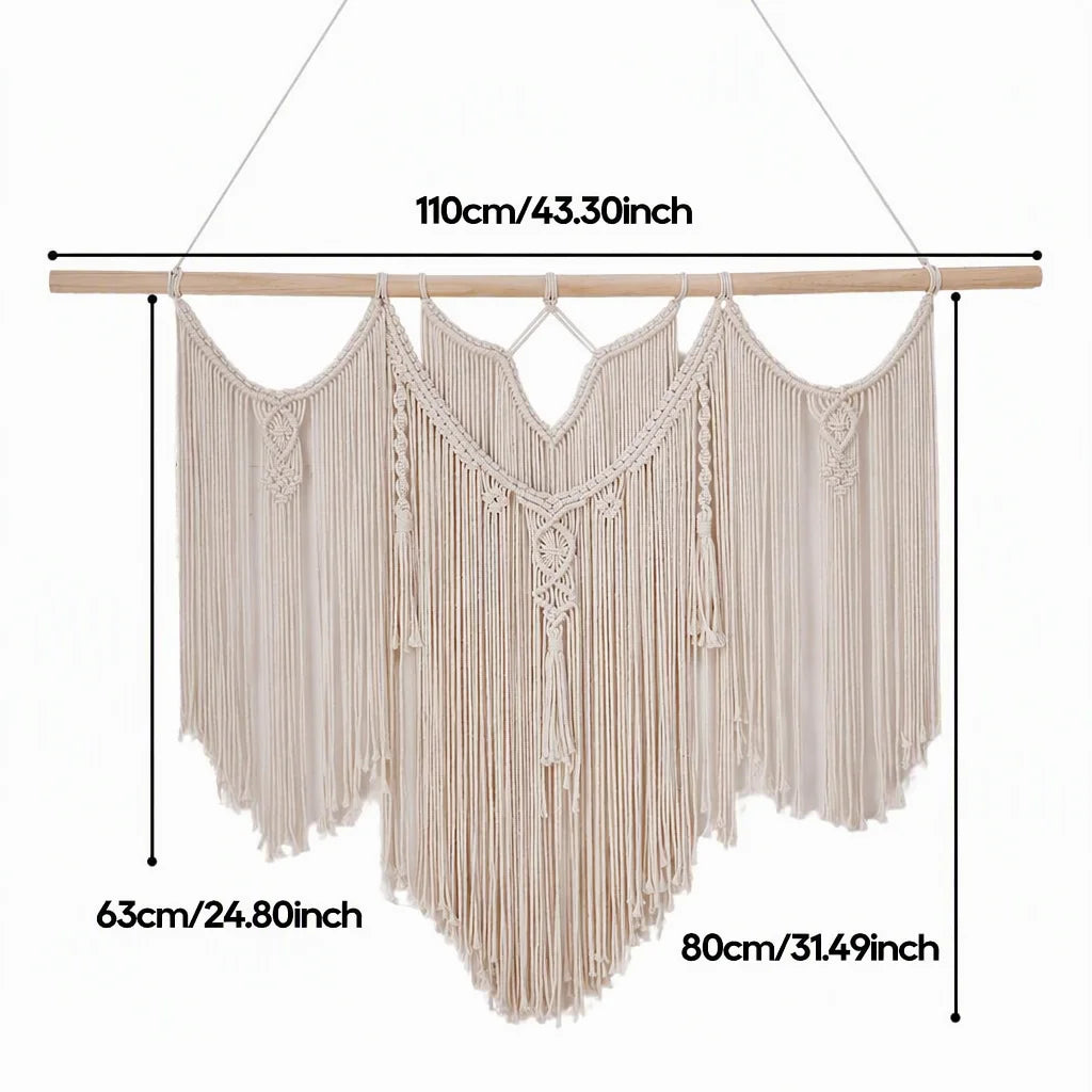 Cream cotton macrame wall hanging with wooden dowel and deep triangle motifs with long fringe