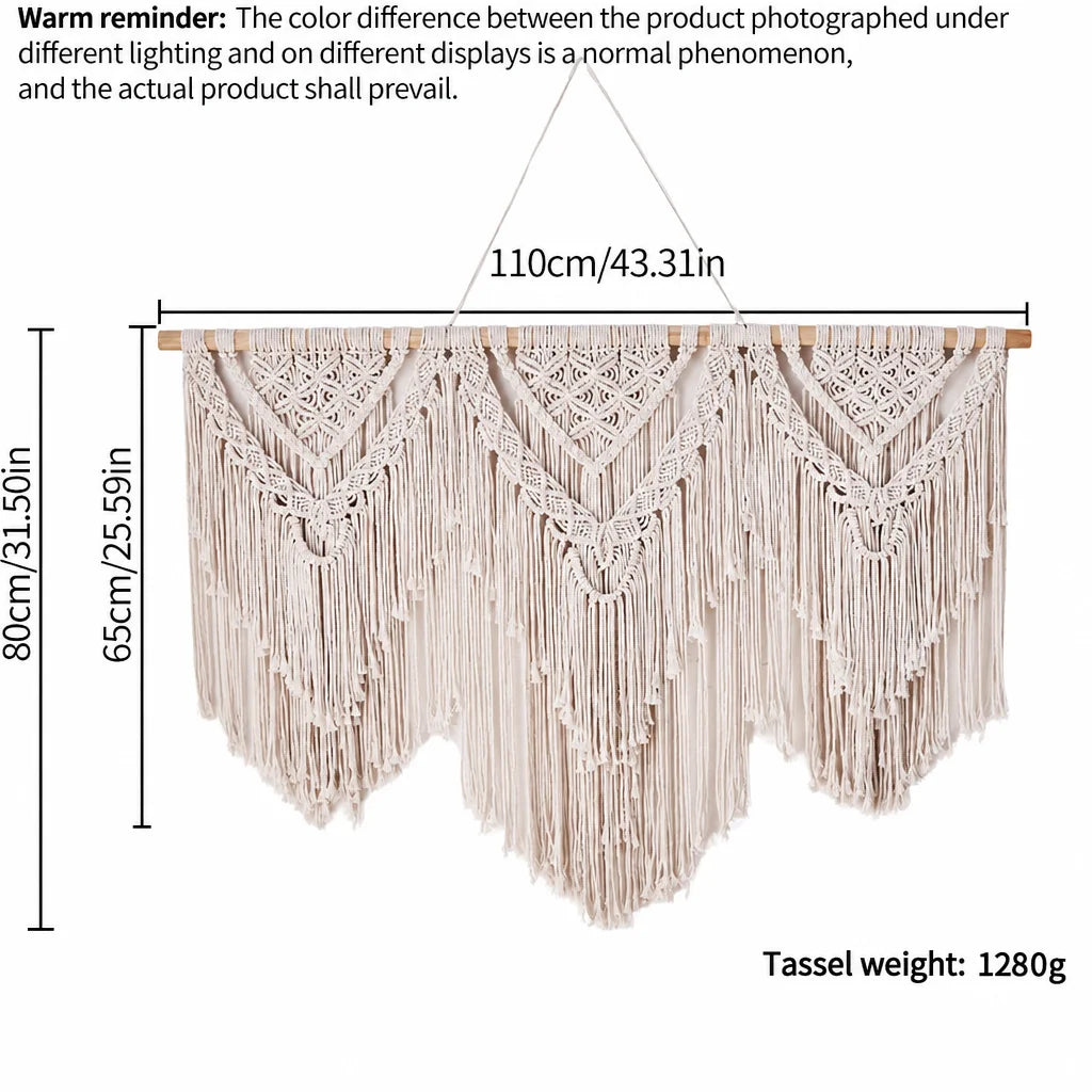 Cream macrame wall hanging with wooden rod, openwork patterns and dense long tassel fringe