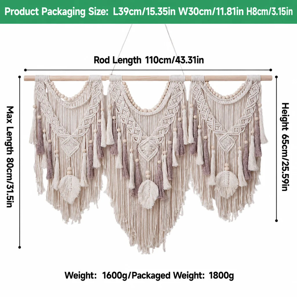 Cream cotton macrame wall hanging on wooden dowel with dense scalloped pattern and long fringe