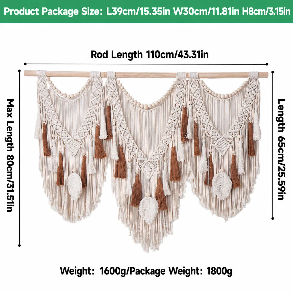 Cream macrame wall hanging with wooden rod and long tassels, scalloped woven panels