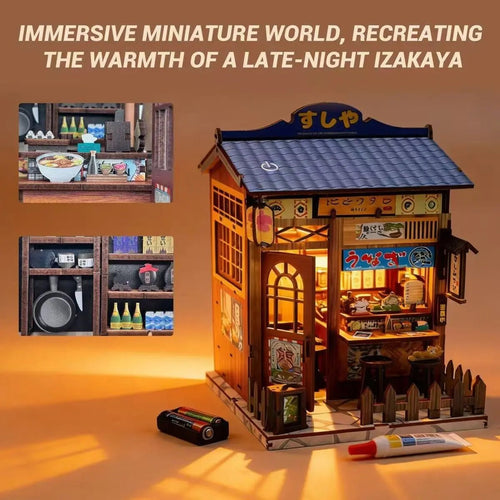 Garden DIY Mini Wooden Model Kit Japanese DIY Miniature Kit: 'SUSHI-YA' Model with LED Lights – 240-Piece Zen Craft for Adults, Home Decor - GPZ Dream