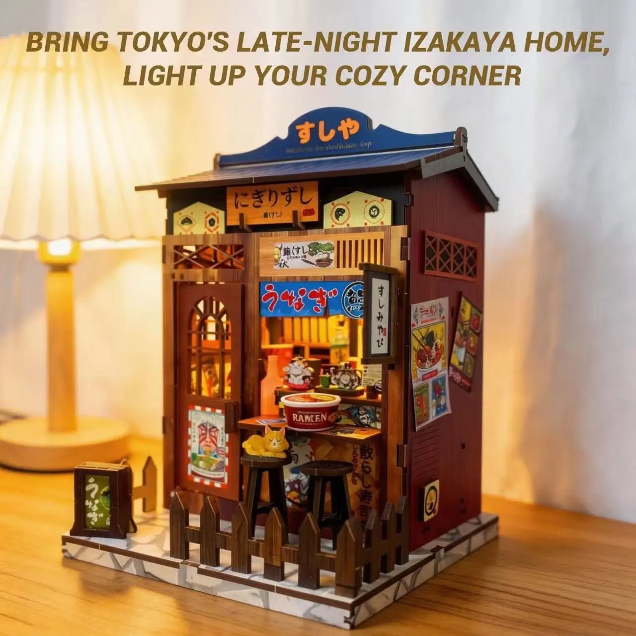 Garden DIY Mini Wooden Model Kit Japanese DIY Miniature Kit: 'SUSHI-YA' Model with LED Lights – 240-Piece Zen Craft for Adults, Home Decor - GPZ Dream