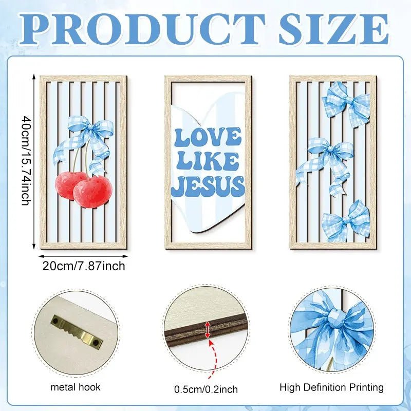 Sacred & Sweet Wooden openwork Wall Decor Art Trio - Set of 3 piece Wooden openwork Wall Decor with Cherry & Gingham, Christian Farmhouse Decor - GPZ Dream